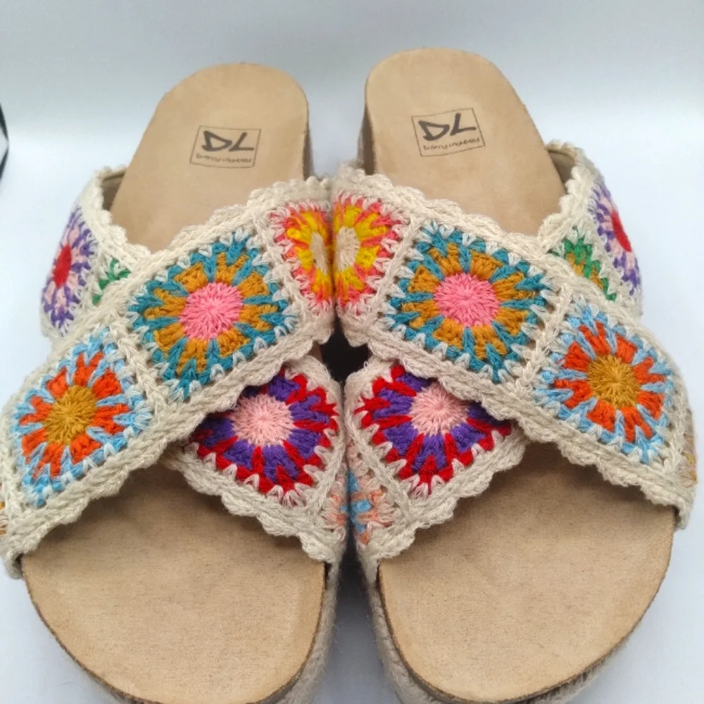 Dirty Laundry Cream Crochet Platform Slide Sandals with Multicolor Accents